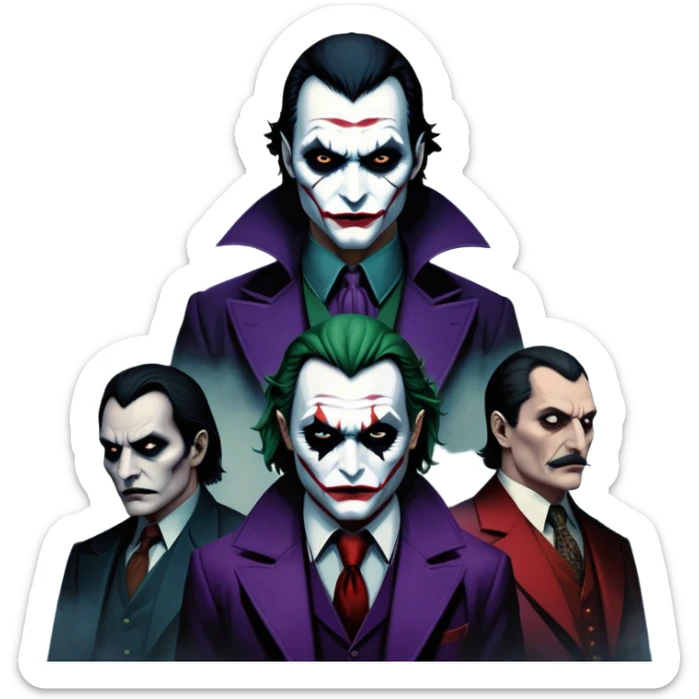 Thriller Movie Icon: A dark, intense collage with close-up images of iconic thriller characters like Joker, Hannibal Lecter, and Vlad Dracula. The background features a moody Gotham City skyline, with shadowy figures and fog. Atmospheric, suspenseful tone. Transparent background. sticker
