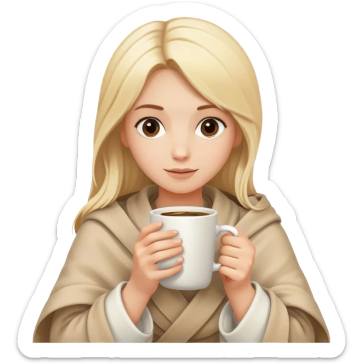 a girl with blond hair wrapped in a beige blanket and holding a white mug of coffee with both hands sticker