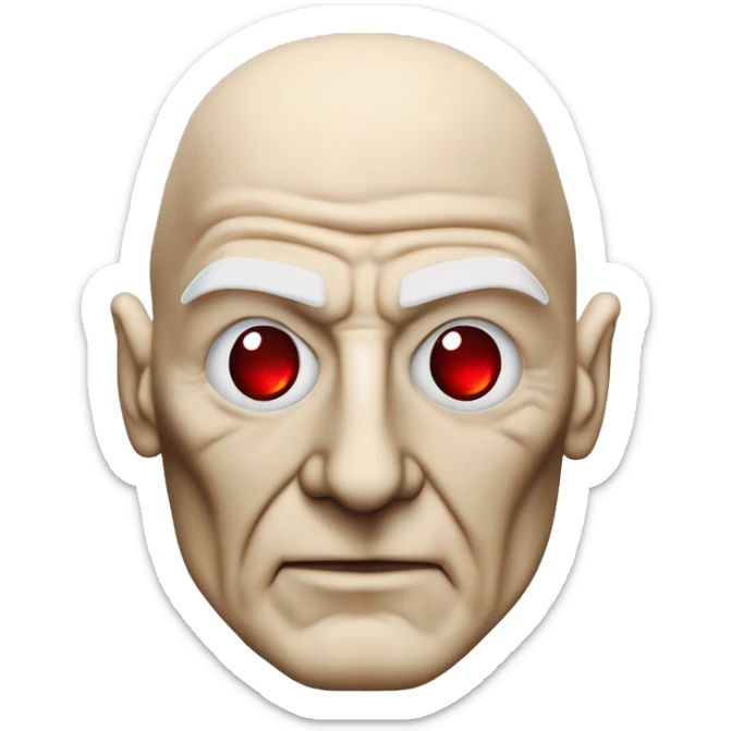 Jean luc picard from Star Trek assimilated by the Borg, with mechanical metal covering the left side of his face with a red glass lens over the left eye. His right eye looks like a normal human eye and is dark blue. sticker