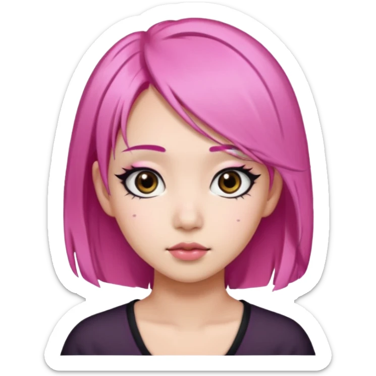 An Asian girl with pink hair, big eyes, thick eyebrows, and long eyelashes;  sticker