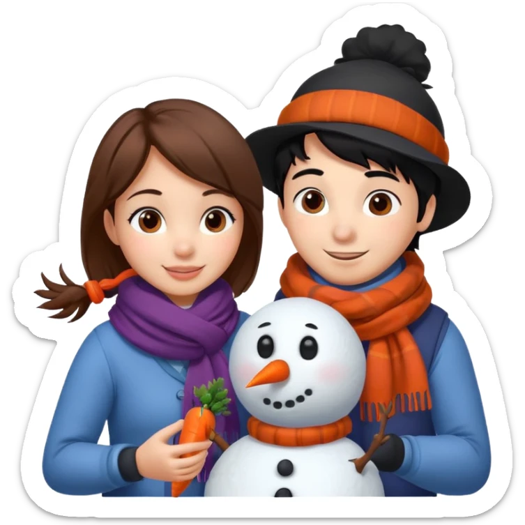 Cartoon girl with brown hair and scarf, building a snowman. Cartoon boy with black hair, placing a carrot nose on the snowman, smiling sticker