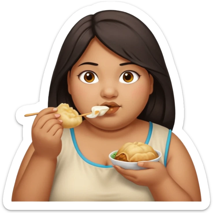 Can you create an emoji of a half Indian - half white 23 year old girl with dark brown mid length hair and brown eyes who is super obese and eating a dumpling. Can the emoji be from head to toe sticker