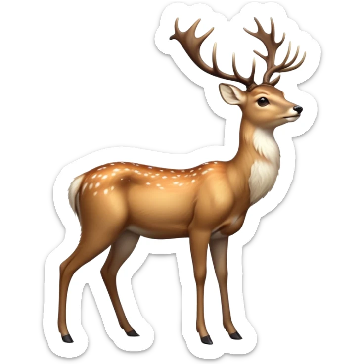 cinematic-noble [deer]-realistic-full-body-standing on all fours-emoji,-tail-tucked-close,-head-tilted-dramatically,-sleek-[fawn]-fur,-simplified-yet-realistic-focused-features,-highly-detailed,-glowing-with-an-almost-sarcastic-glow big antlers sticker