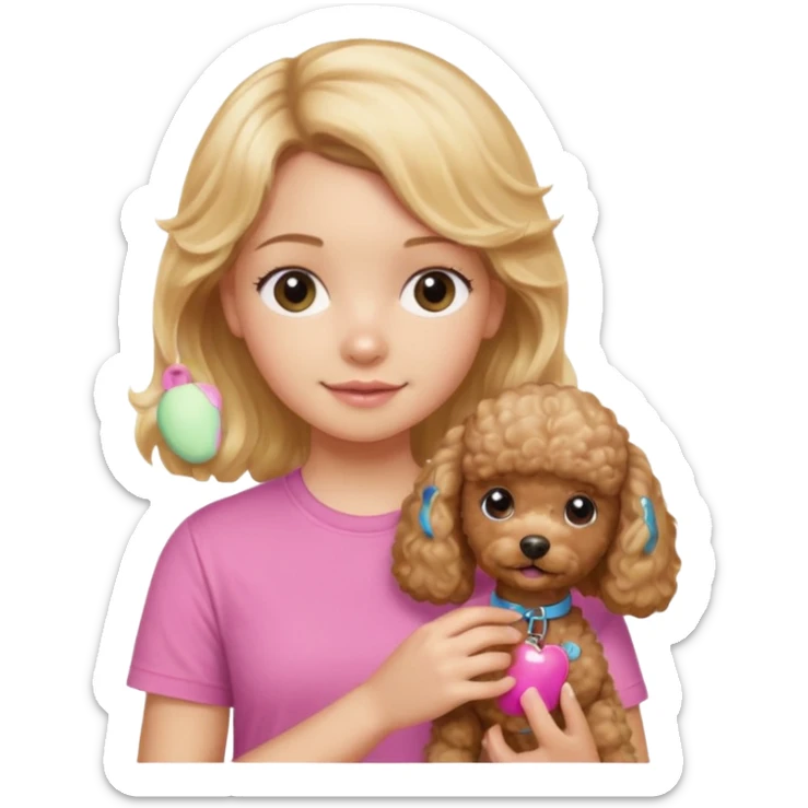 hazme un emoji que sea una niña rubi con el pelo ondulado i una camiseta rosa que ponga brownie, i acariciando a un perro (caniche toy) si pero con el pelo mas largo i no tan rubia sticker