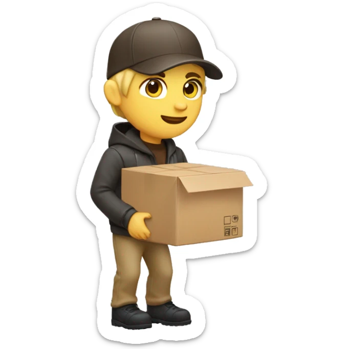 Blonde delivery man, full body, light skin tone, wearing dark brown cap and jacket, UPS delivery company loading a package without background sticker