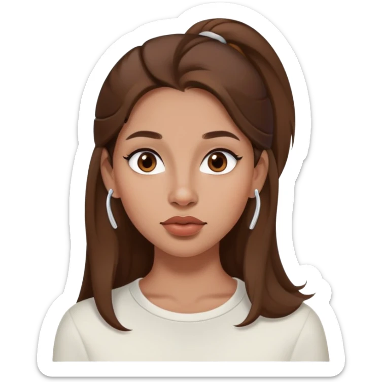 persona femmina, capelli castani lunghi, occhi marroni, labbra grandi, naso piccolo, viso un po’ rotondo, neo sopra al labbro parte sinistra, air pods, piercing al naso parte destra sticker