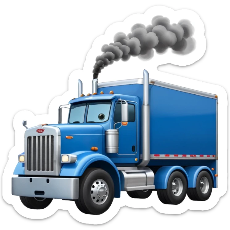 blue Peterbilt truck hauling a trailer, with smoke from exhaust, emoji style sticker