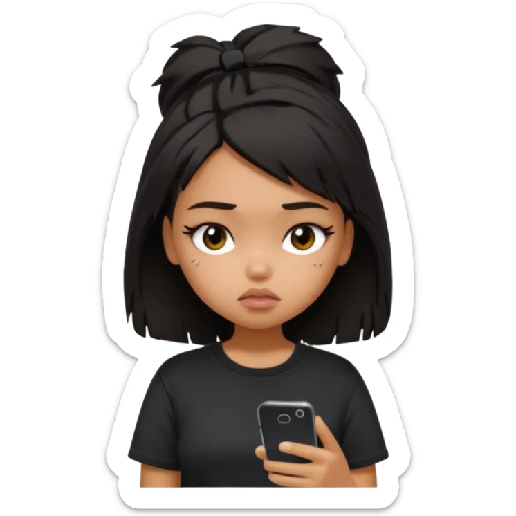generate a pretty bratz girl with short black very messy dirty hair, looking tired and using her phone, wearing an oversized black tshirt sticker