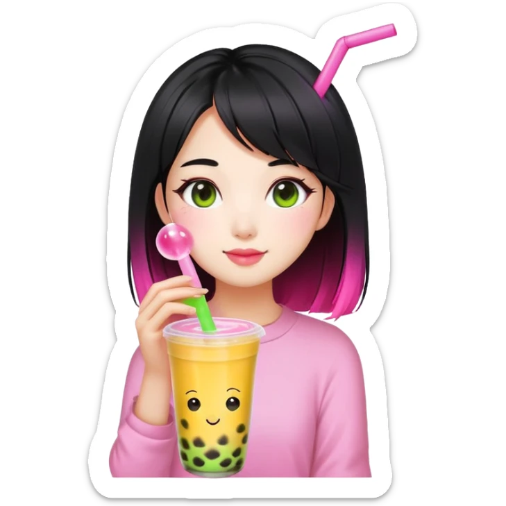 girl with black hair and half neon pink half neon green roots enjoying mango bubble tea  sticker