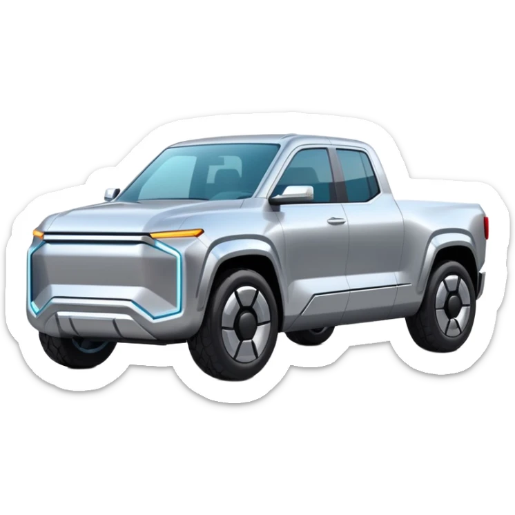 A futuristic electric pickup truck emoji, silver chrome body, angular cyber design, smooth metallic panels, subtle reflections, minimalistic proportions, iOS emoji style, centered composition, clean white background, soft lighting sticker