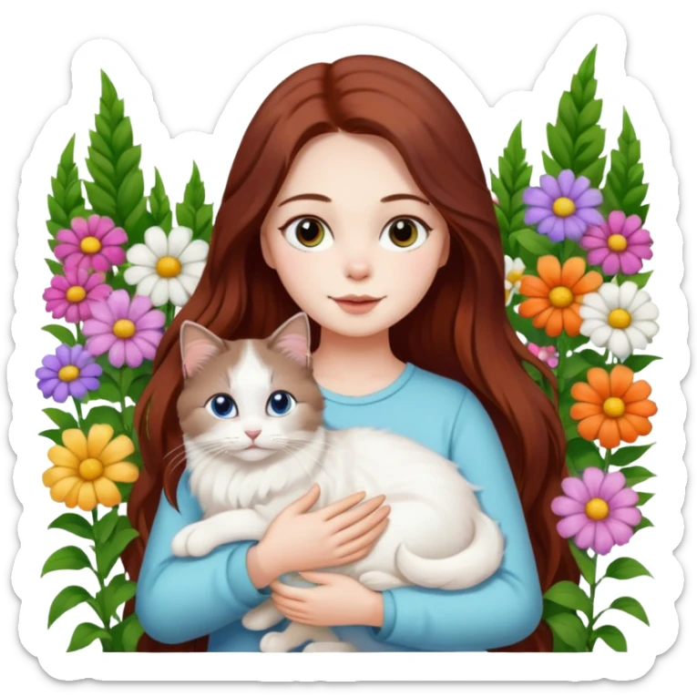 A woman with long dark auburn hair holding a white ragdoll cat in the garden of flowers sticker