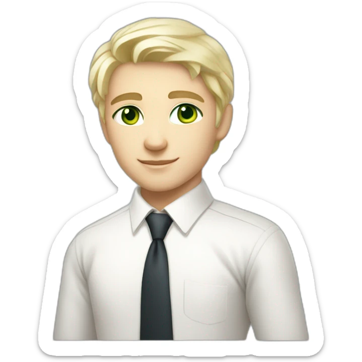 handsome blonde russian boy green eyed with white skin middle hair wearing white shirt with a tie sticker