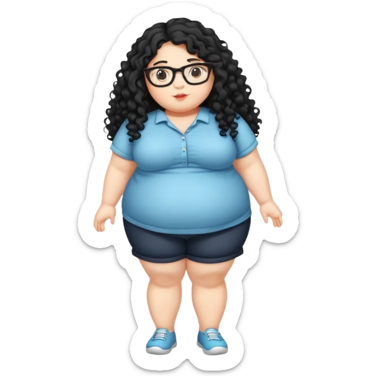 Fat girl full body cute with glasses long black curly hair  sticker