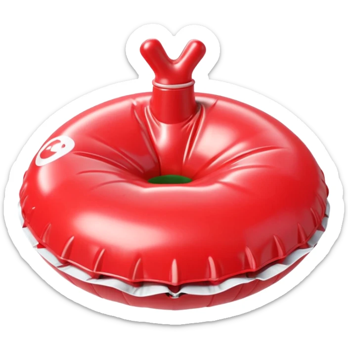 3D render of Whoopee Cushion made of shiny inflatable vinyl, visible seam lines, air valve, highly reflective plastic texture, pool toy aesthetic, Apple emoji style, isolated on white background --v 6.0 sticker