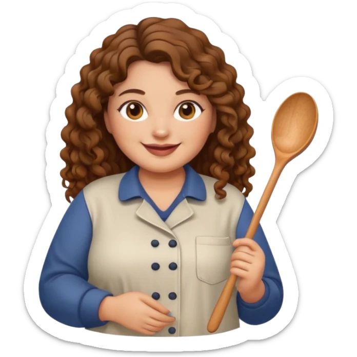 “A friendly, smiling plus size woman emoji with long curly brown hair and hazel eyes, warm medium skin tone, wearing casual kitchen clothes and holding a wooden spoon. Simple, clean style, suitable for a healthy cooking Instagram page sticker