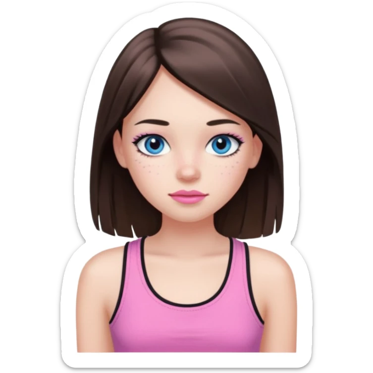 Create a teenage girl with long and straight brunette hair, light skin, light freckles, and blue-grey eyes. She will have pink lips and long black eyelashes. She will be wearing a pink tank top. sticker