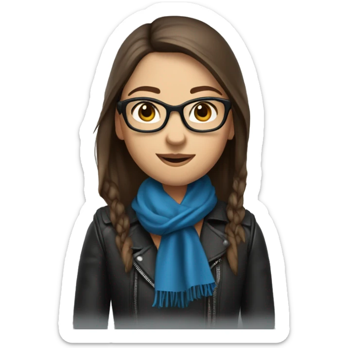 Slavic girl with long straight brown hair, fair skin, dark brown eyes, smile, black glasses, wearing a blue scarf around her neck and a leather jacket. sticker