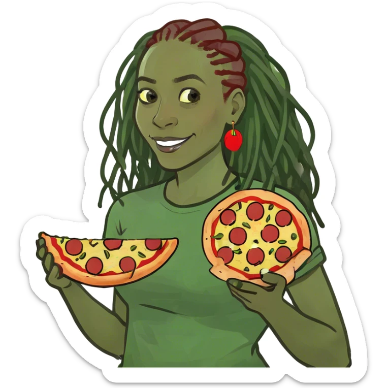 African-American woman with dreadlocks holding a precious slice of pepperoni pizza ￼ sticker