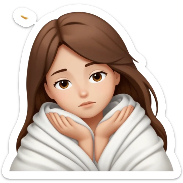 Sleepy girl with long brown hair wrapped like a burrito in a blanket, eyes half-open elegant stars  sticker