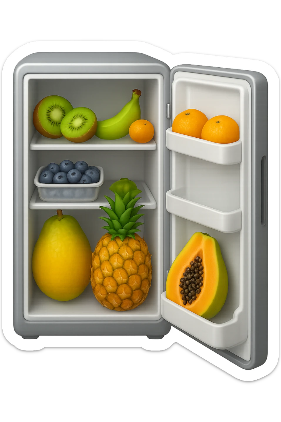 emoji stile iphone di un frigo aperto con dentro ben visibili questi alimenti: Kiwi
Banana acerba
Arance e mandarini
Mirtilli
Ananas
Papaya
IPERREALISTICO 4K sticker