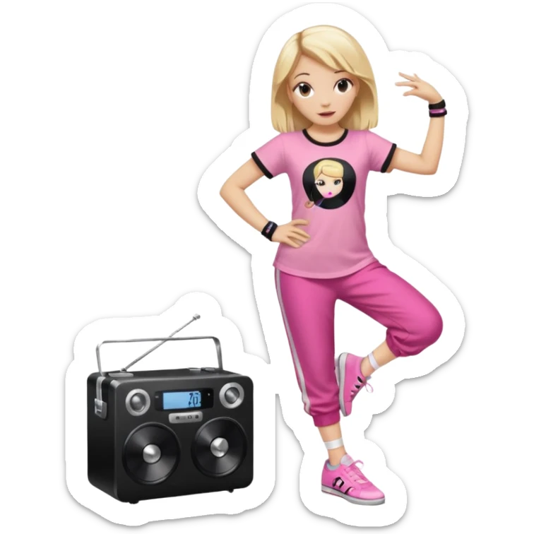 Hiphop dancer, with cute big pants, sneakers, and t-shirt. White girl blond. Coloufull shirt. No pocket pants. Dancing. Pink and black plain outfit. No sweatbands on the wrist, black music box behind her. Ballerina pose sticker