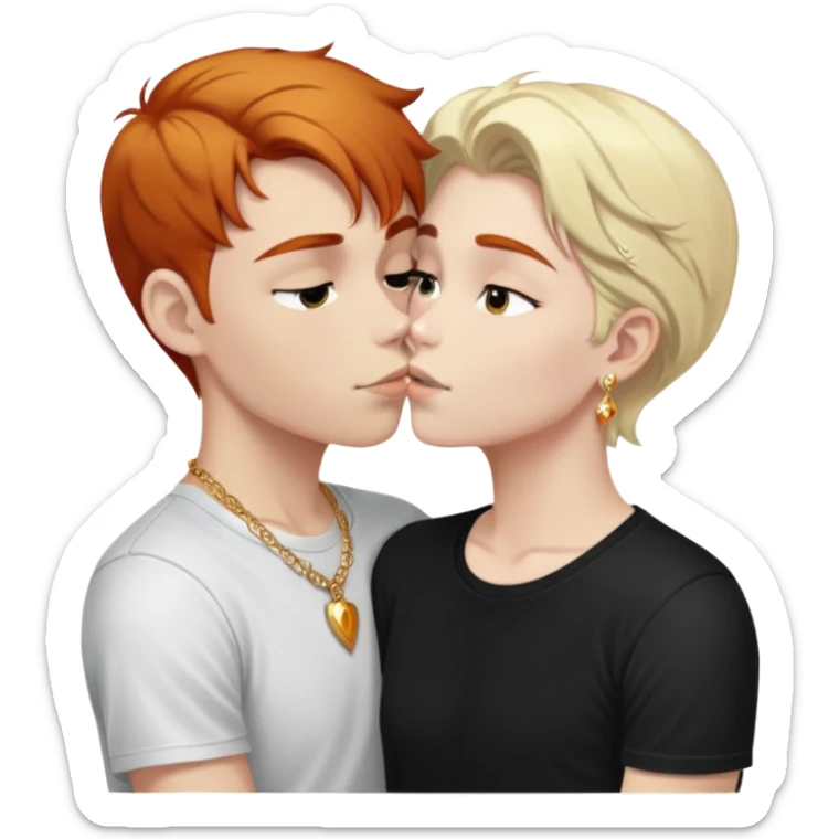 young 20 year old redhead girl with dark blonde eyebrows wearing gold jewelry and light clothes kissing a young 20 year old white-haired boy wearing dark t-shirt sticker