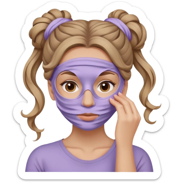 caucasian girl with long wavy dark blonde hair in messy bun wearing skincare lilac colored clay mask covering face sticker