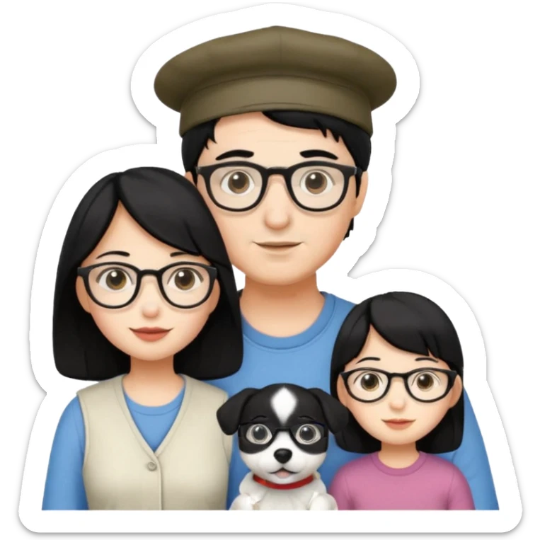 Mom black hair with glasses, Dad black hair with cap, Daughter black hair with glasses, white Dog sticker