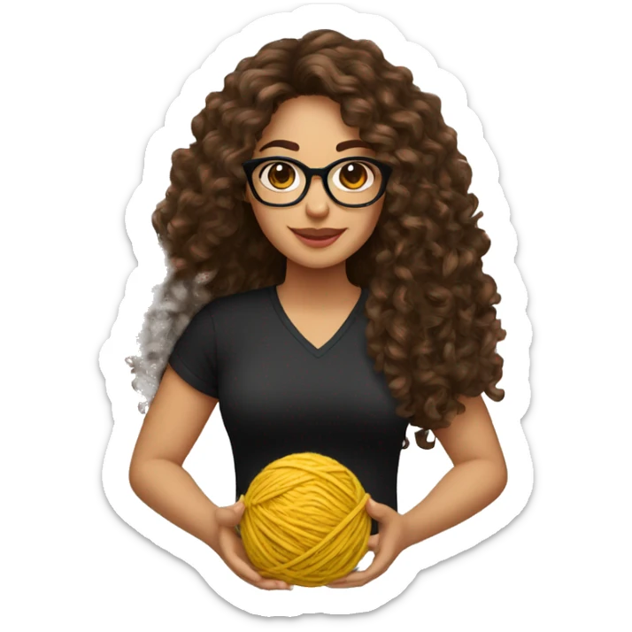 pretty Hispanic woman that has long brown curly hair holding one ball of yarn with both arms wearing a black shirt and black glasses sticker