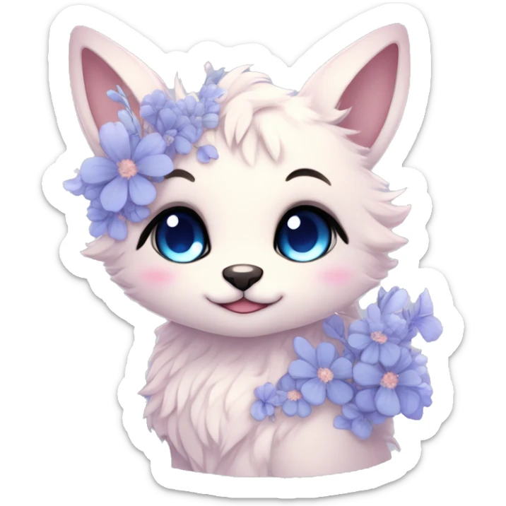Anthro Cute Cool Blushing Pastel Innocent Shy Kawaii gorgeous sparkly ethereal fantasy anime animal creature with blue eyes furry sona with flowers and ribbons beautiful aesthetic sticker