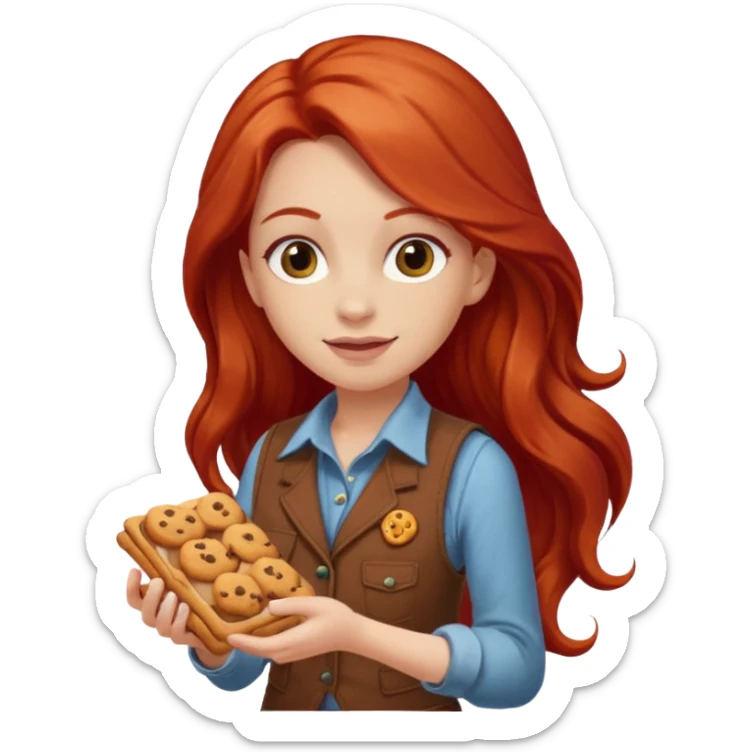 white girl scout with red long hair selling cookies with a brown vest sticker