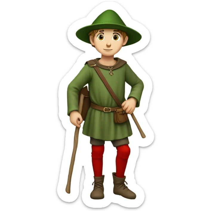 13th century European pilgrim boy with staff, red stockings, short green tunic and green hat and leather shoulder bag sticker