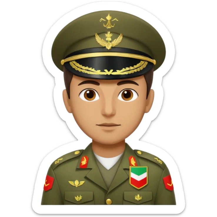 Portrait of an Iranian soldier with an Iranian flag chevron on his shoulder and chest sticker