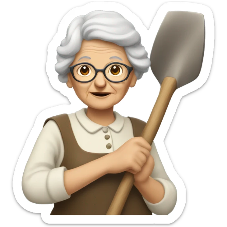 an old woman, looking like a lovely grandma, with a shovel in her hand sticker