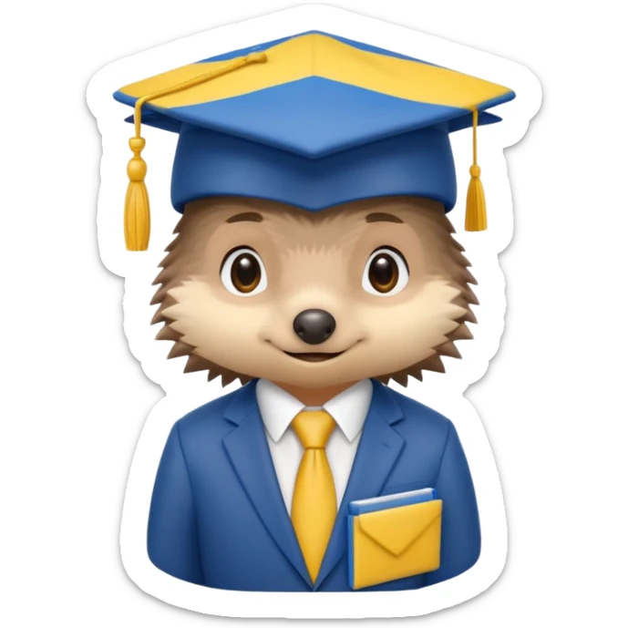 A hedgehog student in a suit in the color of the Ukrainian flag in a square academic cap sticker