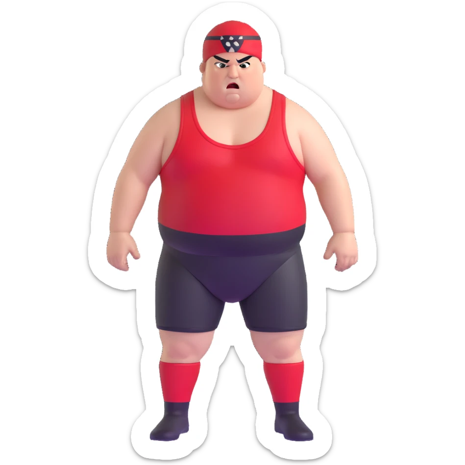Close-up of white skin fat guy with prominent black durag, completely shaved face, no beard or mustache, black eyes in a red and black wrestling singlet with angry face sticker