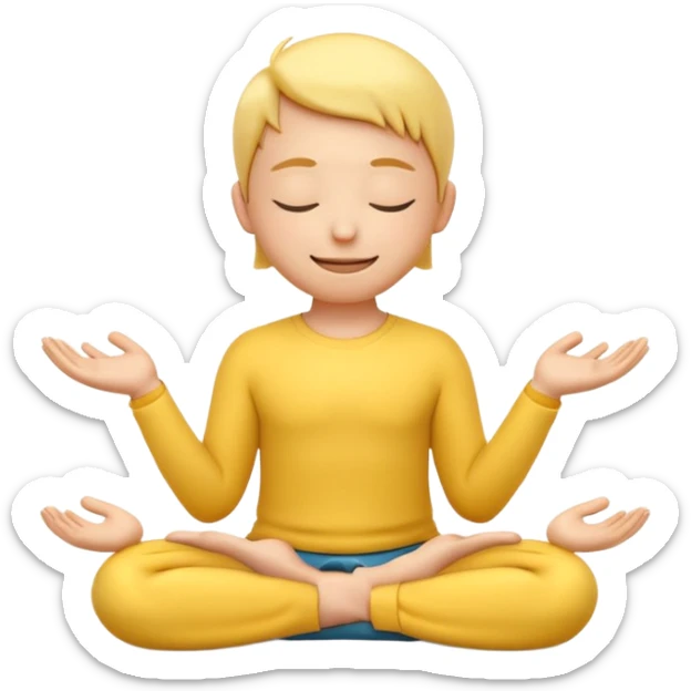 A 3D Apple-style yellow round emoji sitting in a lotus position, eyes gently closed, calm and peaceful smile, hands resting on knees with palms facing upward, relaxed eyebrows, soft glow around the emoji to symbolize inner peace, clean minimal background. sticker