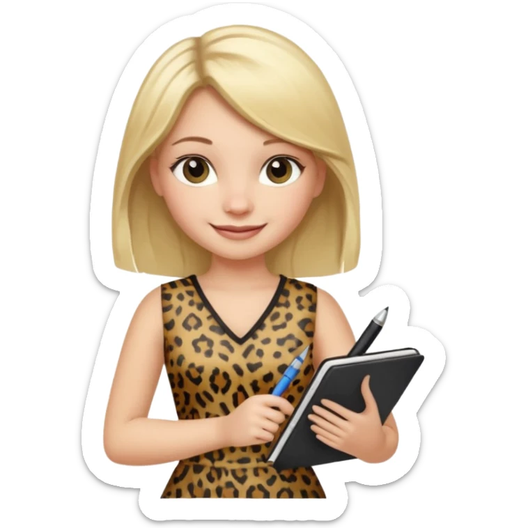 Blond hair girl with a leopard print dress and black leggings smiling holding a note book and a pen sticker