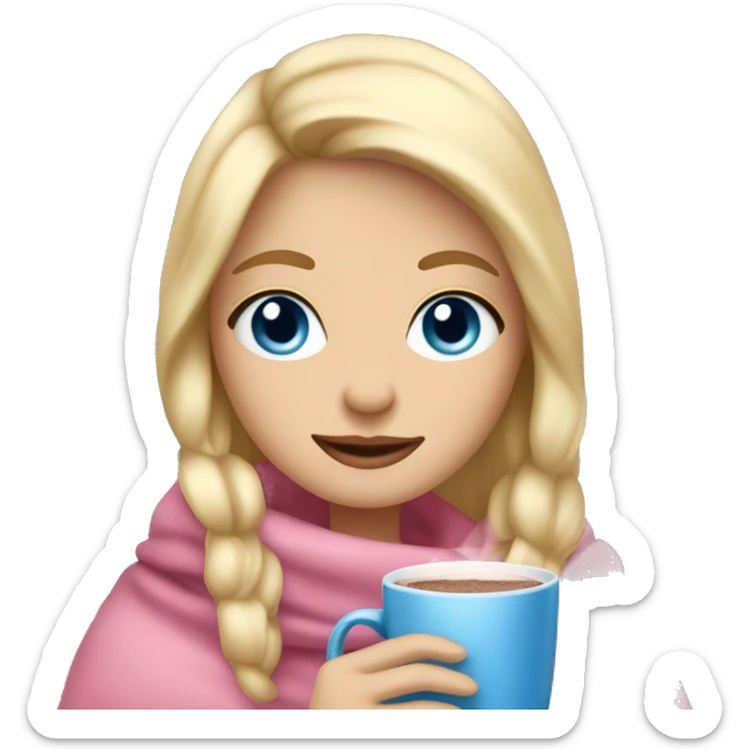 Blonde girl with blue eyes with a cozy pink blanket drinking hot chocolate  sticker