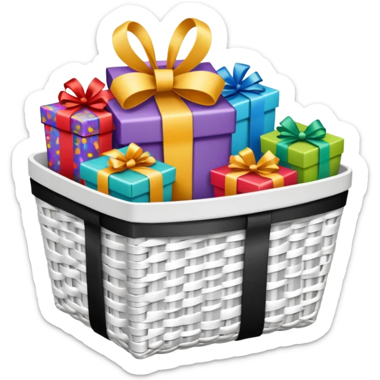  white small gift basket with small gifts inside and only 3 gifts the gift basket color white and black sticker