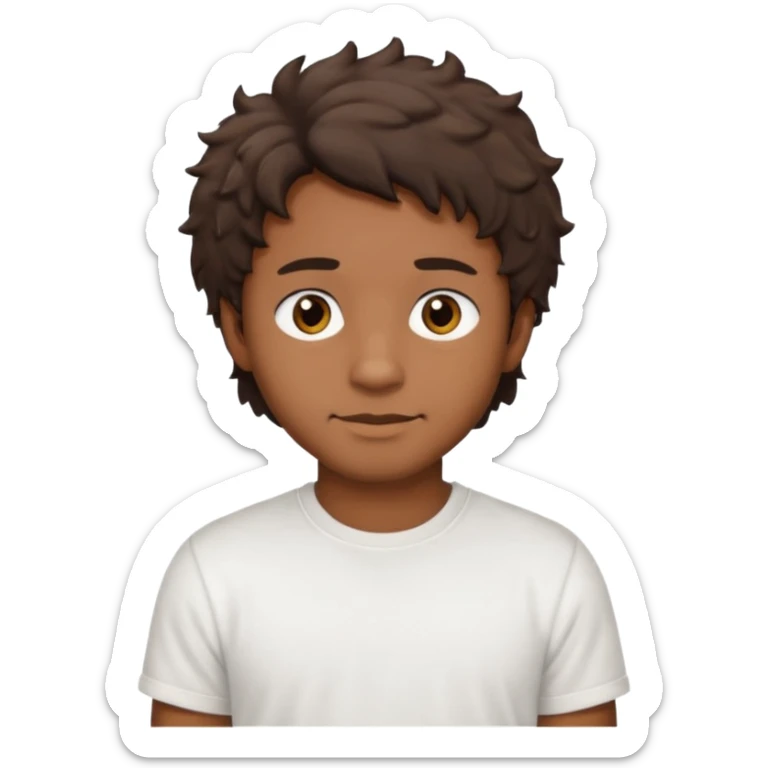 Homme brun cheveux court ondulé. Métisse. Yeux marrons très foncé. Avec t-shirt blanc avec du duvet  sticker