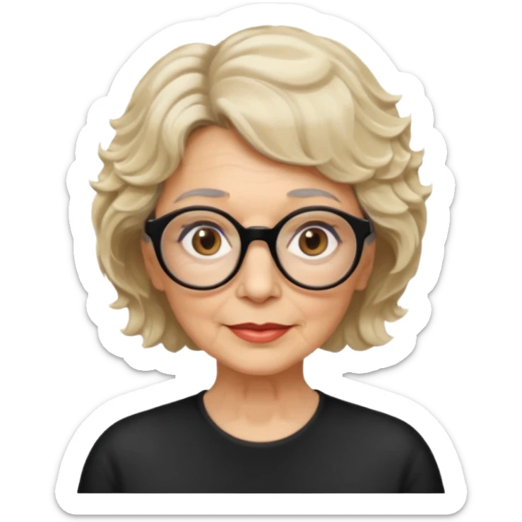woman 70 years old, short blonde weavy hair, brown eyes and round dark glasses sticker