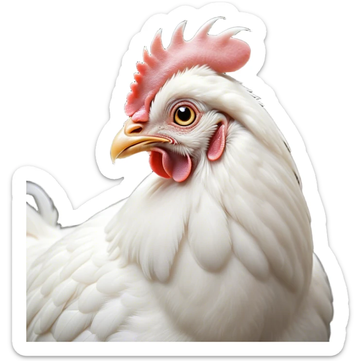 Cinematic Noble White Chicken Portrait Emoji, Poised and regal, with a compact, sturdy build and a pristine, well-groomed pure white plumage, deep-set soulful beady eyes, Simplified yet sharp and sophisticated features, highly detailed, glowing with a soft, dignified glow, high shine, intelligent and alert, stylized with an air of barnyard elegance, focused and attentive, soft glowing outline, capturing the essence of a watchful and confident fowl, so majestic it feels as though it could strut out of the screen with effortless authority! sticker