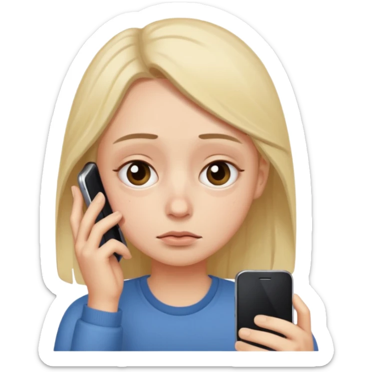 cartoon style of a tired person with dark circles under eyes looking at their cellphone, simple background sticker