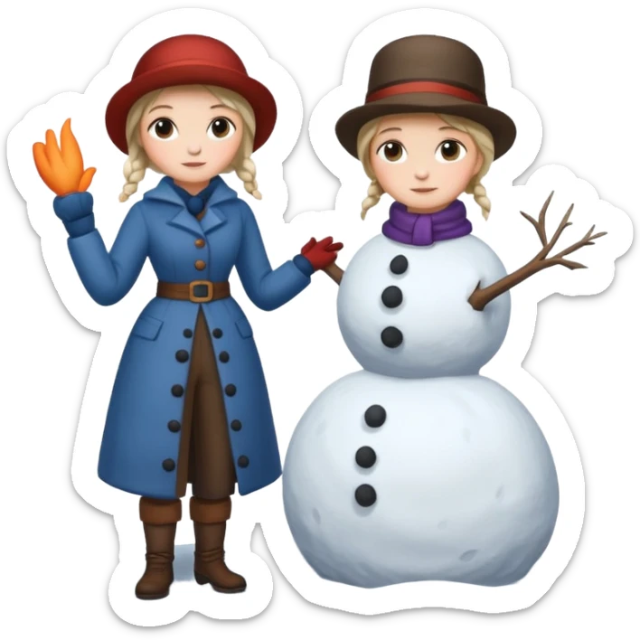  young Virginia Poe and  eldely Maria Clemm  full body building a snowman  1800's sticker