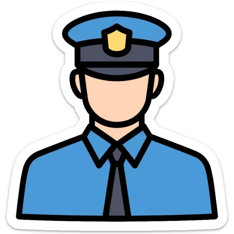 Russian police officer wearing blue uniform and traditional police cap with badge sticker