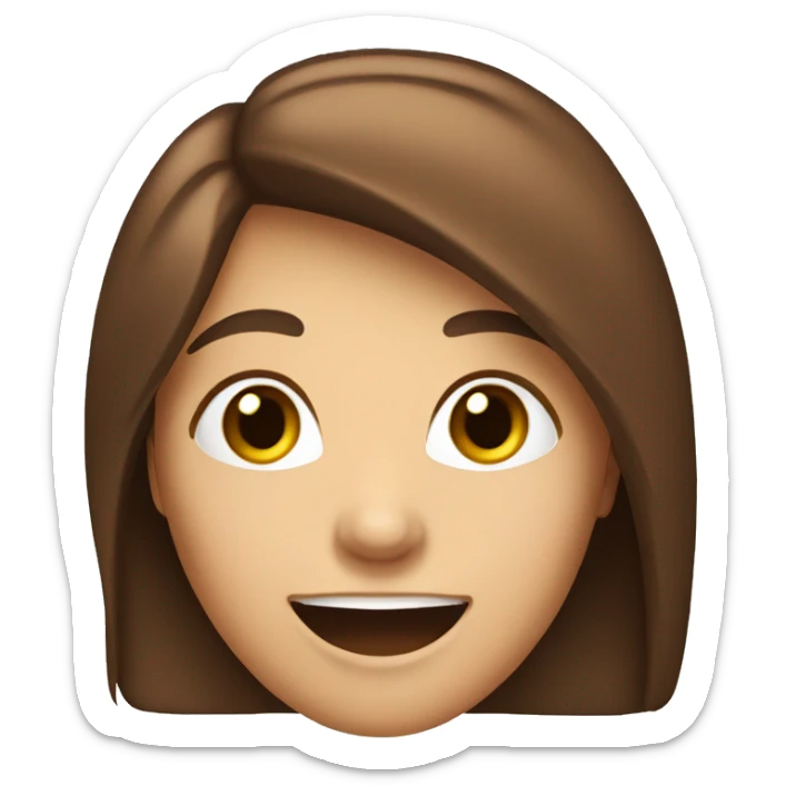 An emoji of a woman with long, straight brown hair and a large mouth, smiling with a friendly expression sticker