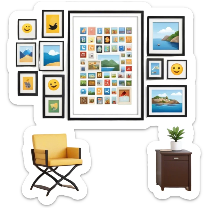 Icon for Photograph and Poster Collecting: a large poster in the center, surrounded by various-sized framed photographs. The icon should capture the charm of collecting photos and posters, arranged artistically on a wall. Transparent background. sticker