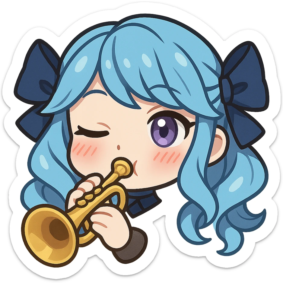 chibi style emote of Gwen from League of Legends, just the head, right eye purple, playing a trumpet, blushing sticker