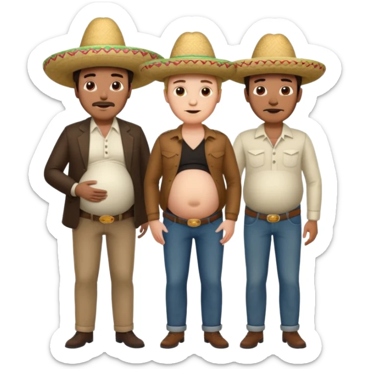 two men standing besides each other. 1 man is white and not pregnant, and the other man is mexican wearing a sombrero and pregnant, holding his belly.  sticker